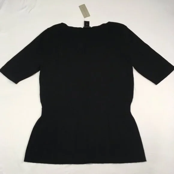 NWT Ann Taylor Black Short Sleeve Sweater w/Ribbed Boat Neck & Waist Detail Sz M - Picture 9 of 9